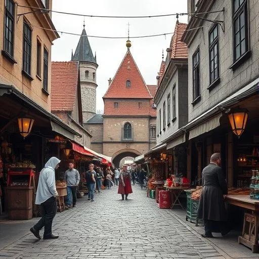 A breathtaking, slightly desaturated, ethereal overhead drone shot of an ancient medieval market square at dawn. Cobblestones are still damp, reflecting the soft, muted light filtering through a light morning mist. Ancient timber-framed buildings with intricate carvings and thatched roofs line the square. There are market stalls, still empty or being set up, covered with linen drapes and wooden crates. Focus on the rich textures of wood, stone, and natural fabrics. The scene evokes a sense of quiet anticipation, history, and raw beauty. No people. Cinematic, painterly, hyper-realistic, muted color palette with subtle warmth.